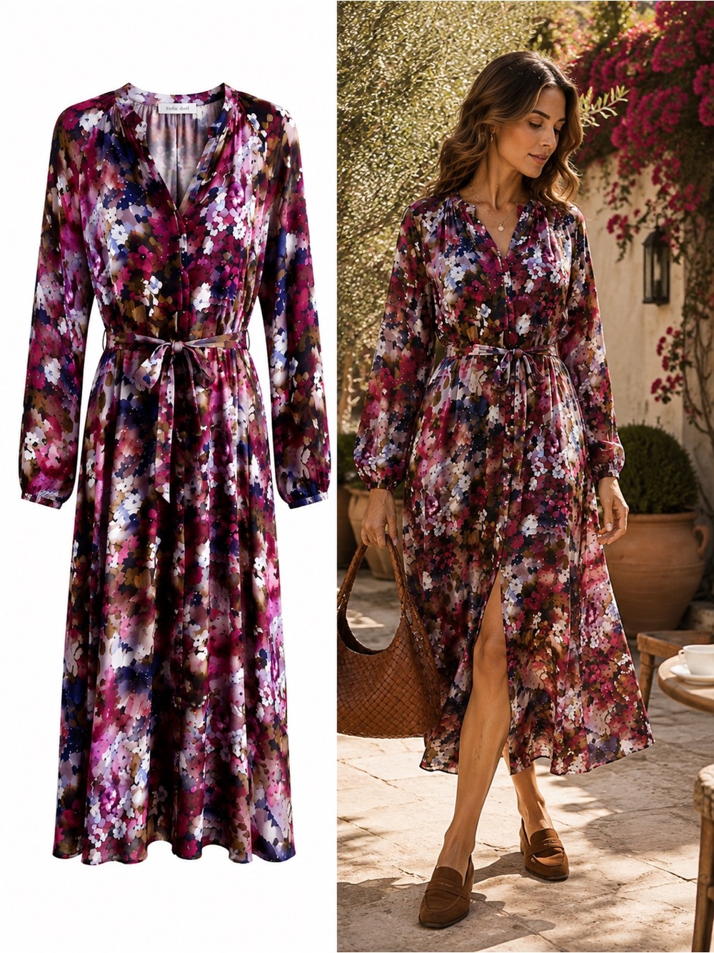 Bella Dahl Twilight Fleur Floral Belted Midi Dress Small Long Sleeve Raglan NWOT